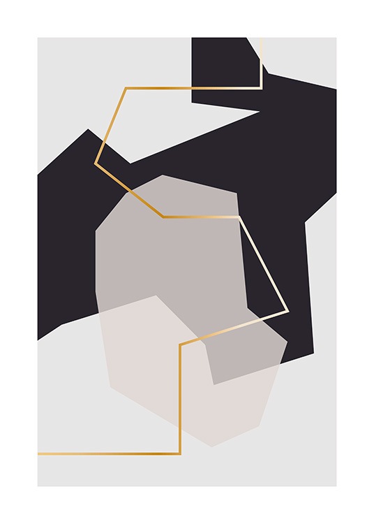  – Graphic illustration of abstract shapes in grey and black with a golden line in the middle