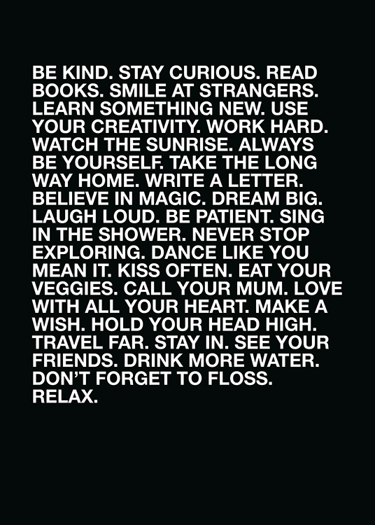 – Poster with a text of things to do written in white on a black background. 