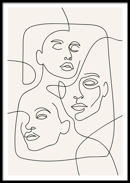 The Three Faces Line Art Poster,Mid Century Modern Graphic Design Patterns