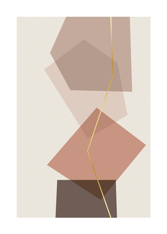  – Graphic illustration of a golden line running through abstract boxes in beige and light red