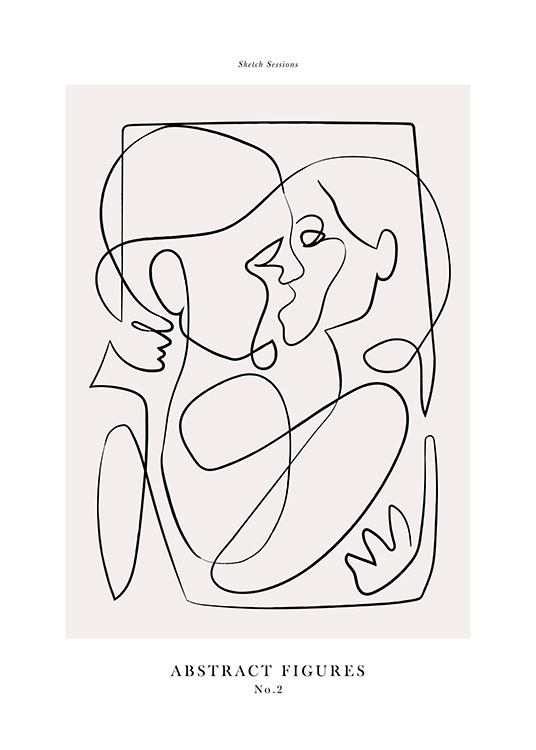  – Abstract illustration with two people drawn in line art, kissing and embracing each other