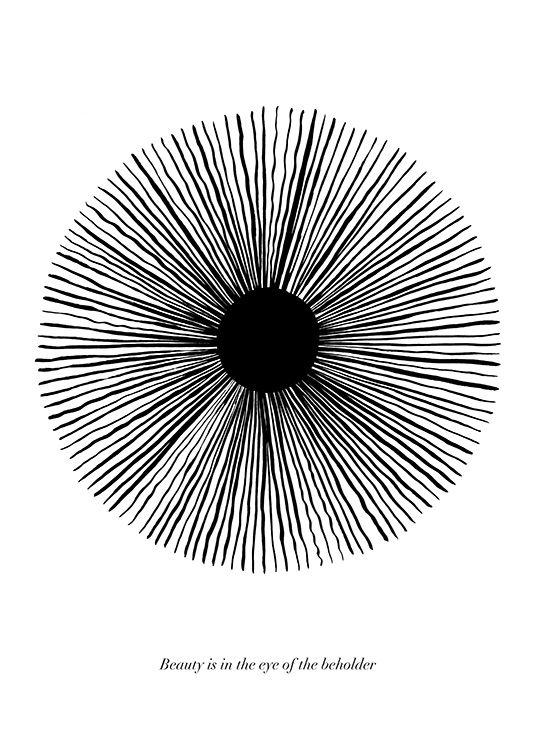 Black and white minimalist illustration of an eye with a quote beneath