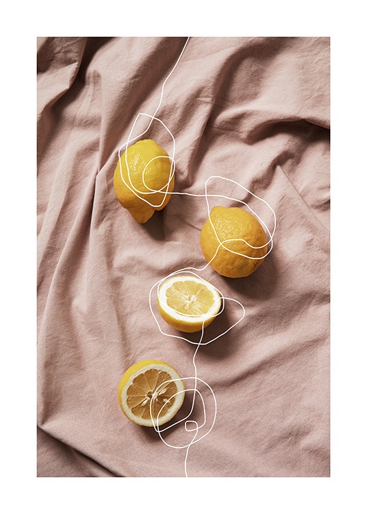 Lemons on a pink background with white illustrations of the lemons