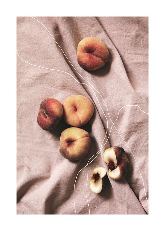 Photo poster of peaches with illustrated white lines with pink canvas in the background