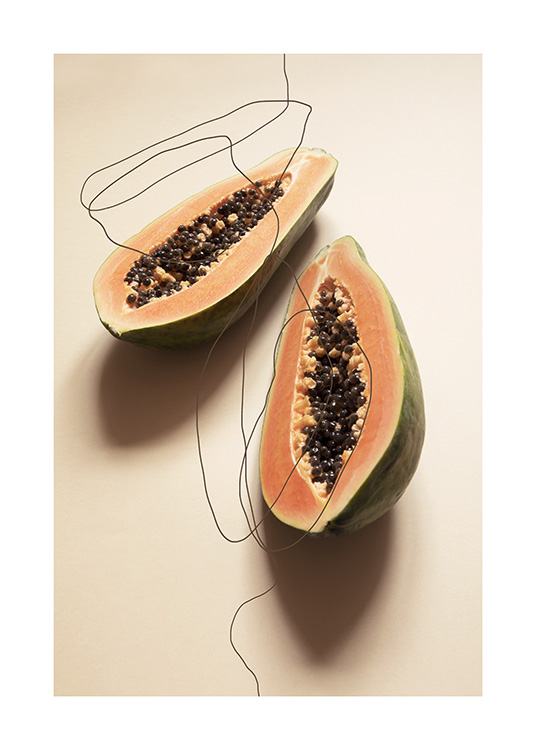 Two papaya halves on a beige background with hand-drawn black lines