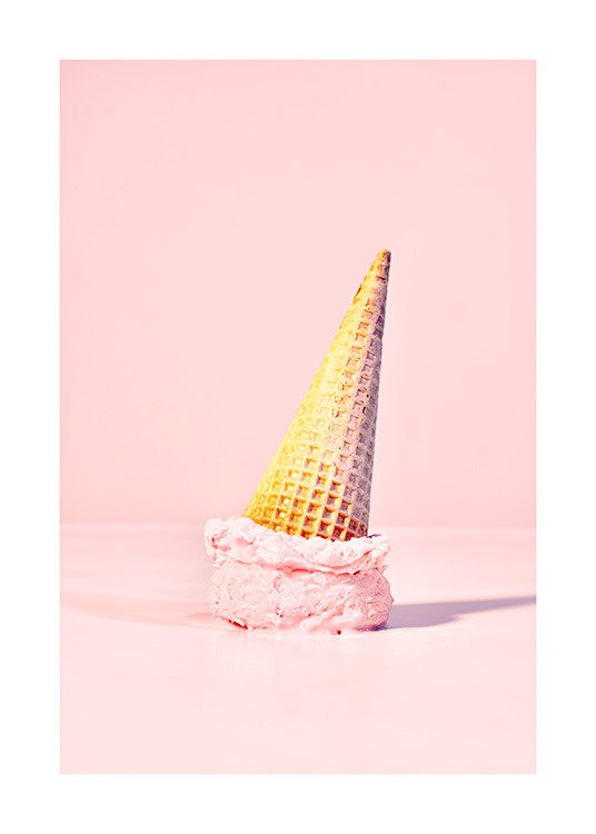 Ice cream cone with pink ice cream that is upside-down on pink background