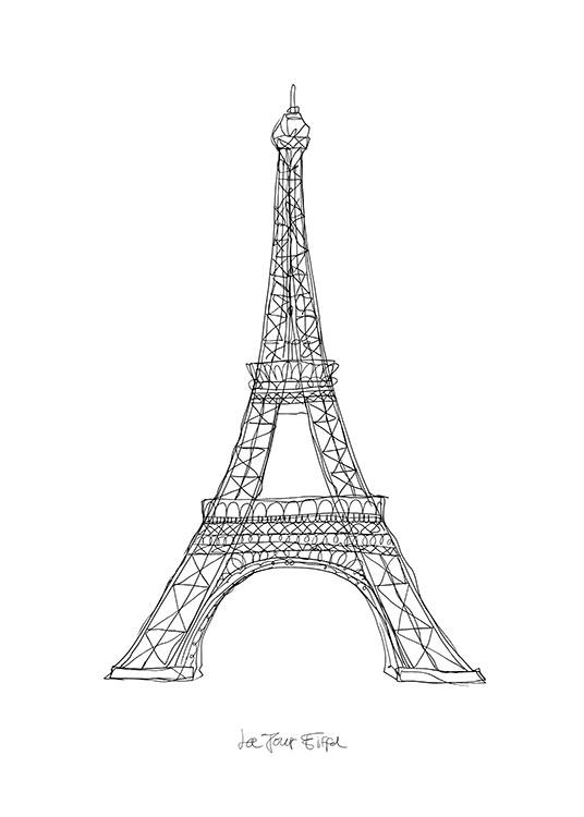 Illustrated poster with a hand-drawn image of the Eiffel Tower on a white background