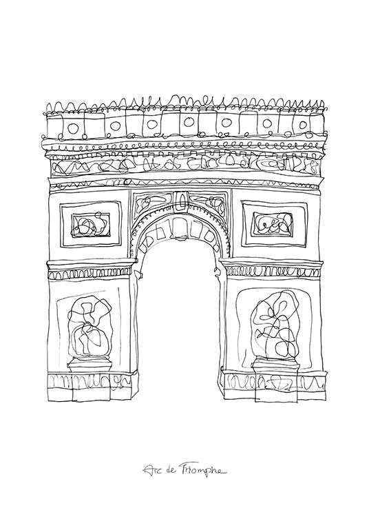 Illustrated image of the Arc de Triomphe in black on a white background