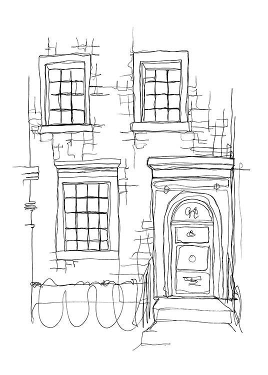 Illustrated image from Notting Hill, London, of a house with windows and a door