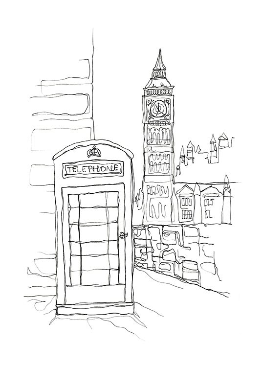 Illustrated picture of Big Ben and a telephone box in London