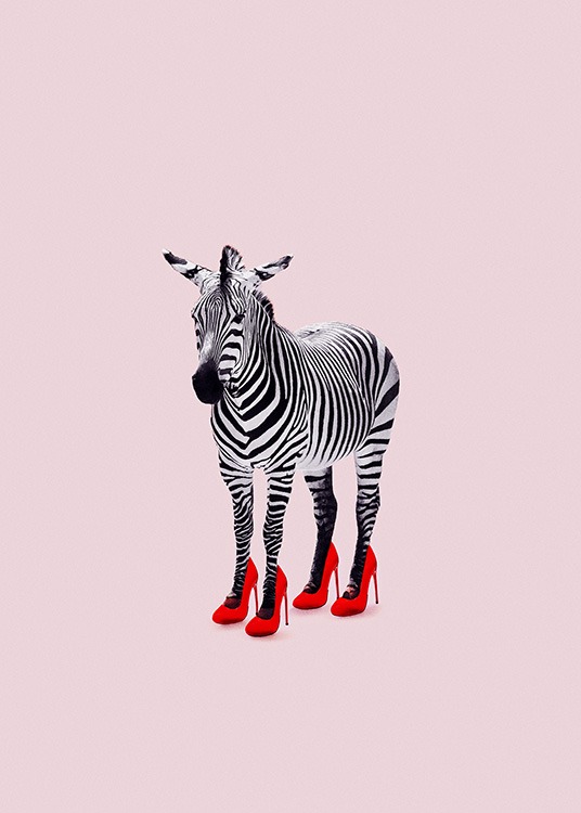 Zebra wearing red high-heel shoes against a pink background