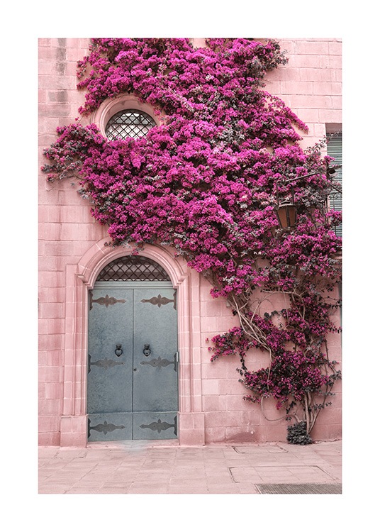 Photograph of light pink wall covered in dark pink flowers with a blue door