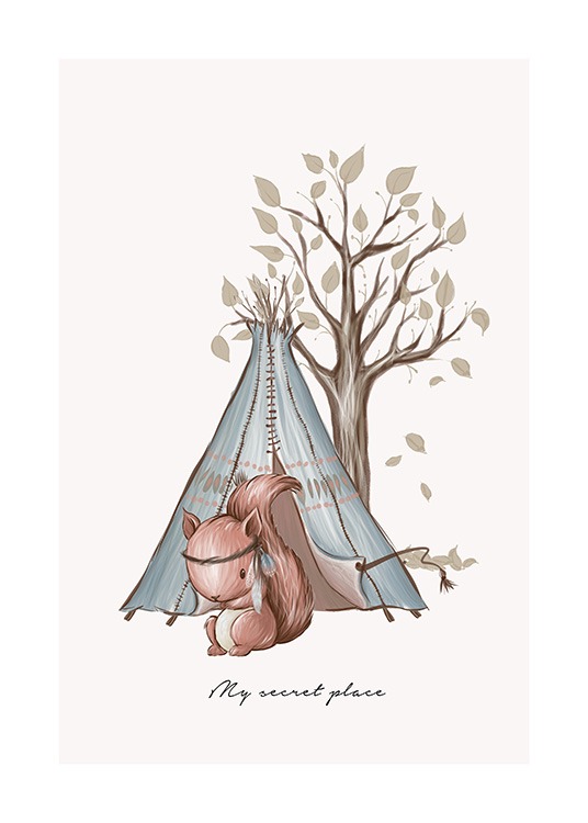 Illustration of squirrel sitting in front of blue tent with tree in the background and text underneath