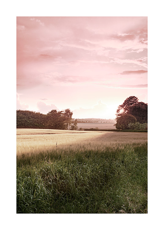 Nature print of countryside landscape in sunset with pink sky in the background