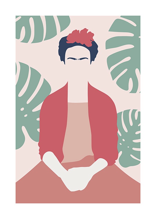 Illustrated graphical print of Frida Kahlo in red clothes sitting down in front of monstera leafs