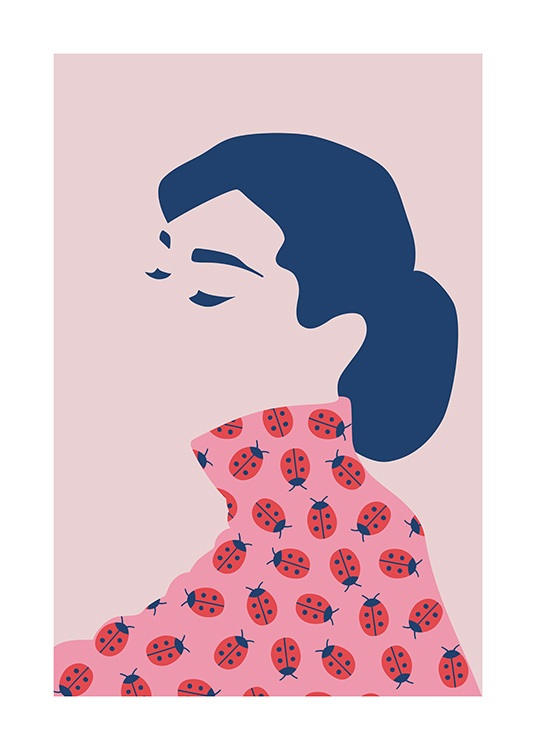 Graphical illustration of Audrey Hepburn with closed eyes and a pink top with ladybugs