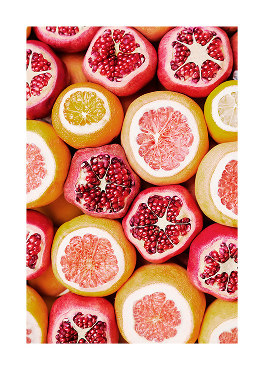 Photograph with colourful oranges, grapefruits and pomegranates