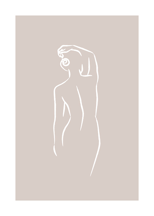 Illustration in white line art of woman from behind, on beige background