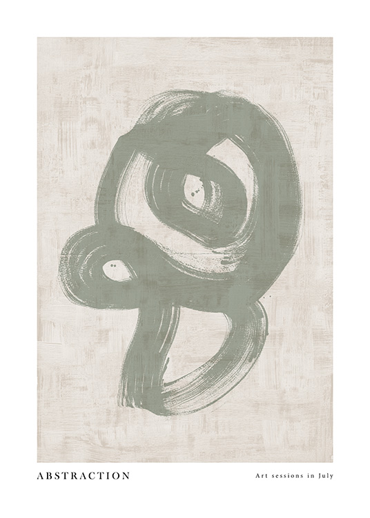  - Abstract painted swirl in green on a structured beige background with text underneath