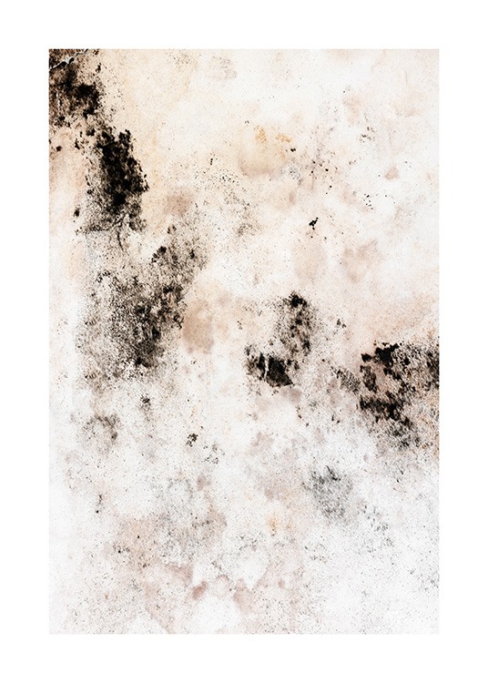  - Close up of beige and white wall with black spots and stains in abstract pattern