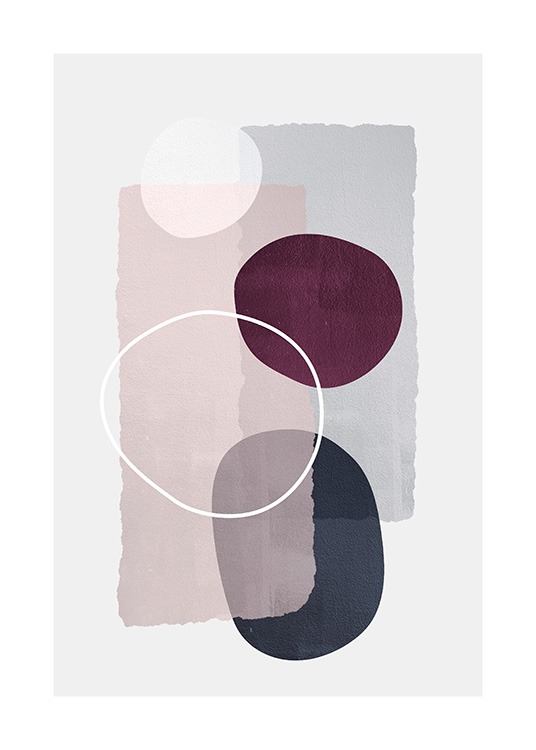  - Illustrated graphical shapes in pink, blue and purple on a light grey background