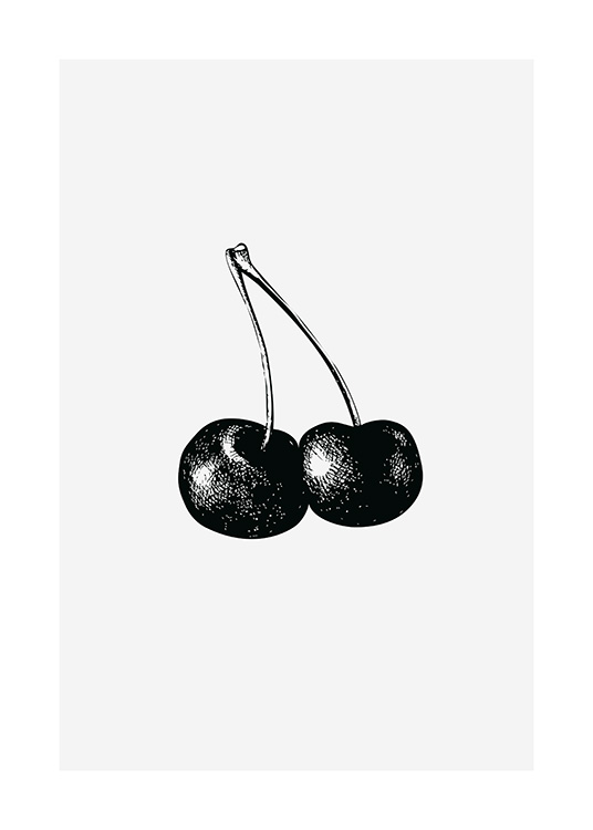  - Black and white illustration of two cherries with a grey background