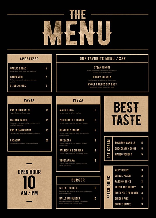  - Kitchen print looking like a restaurant menu in black and beige