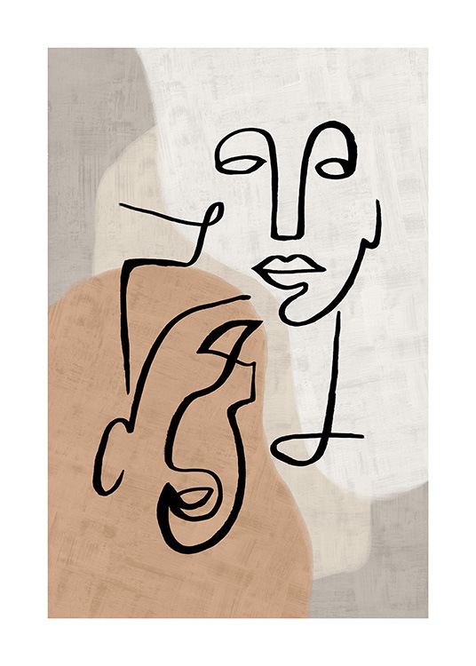  - Graphical illustration with beige and orange shapes and black painted lines forming faces