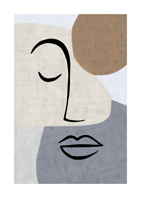  - Illustration with shapes in beige and blue with painted contours in black forming a face