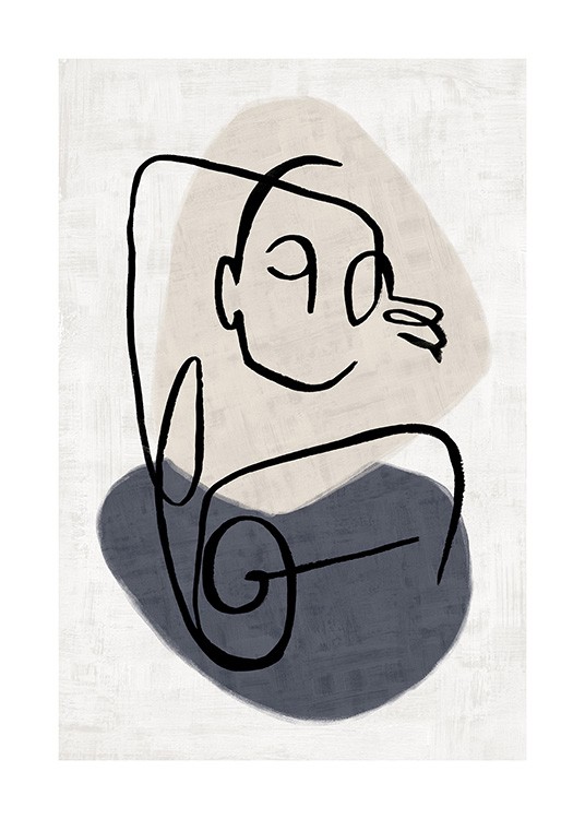  - Illustration with black lines forming a body, with beige and blue shapes in the background