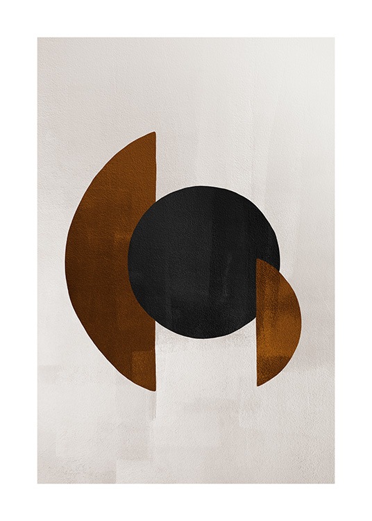  - Graphical print with circle shapes in black and brown on a beige background