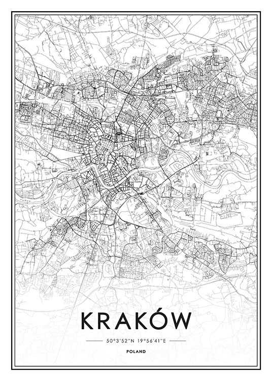  - Map in black and white of Kraków in Poland, with coordinates written at the bottom