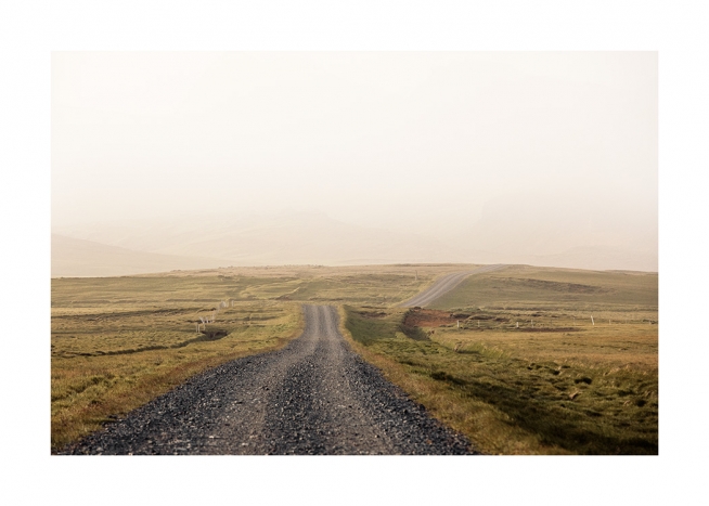  - Photograph of Icelandic landscape with gravel road and green meadows