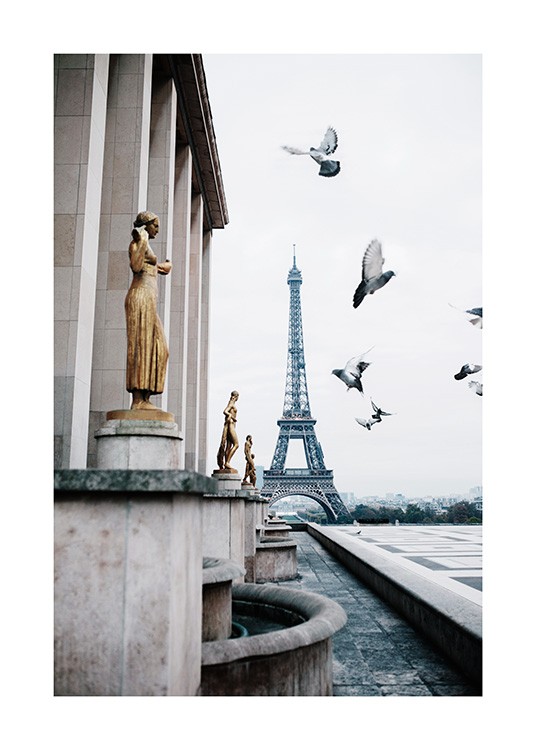  - Photograph from Paris with the Eiffel Tower behind flying pigeons and golden statues