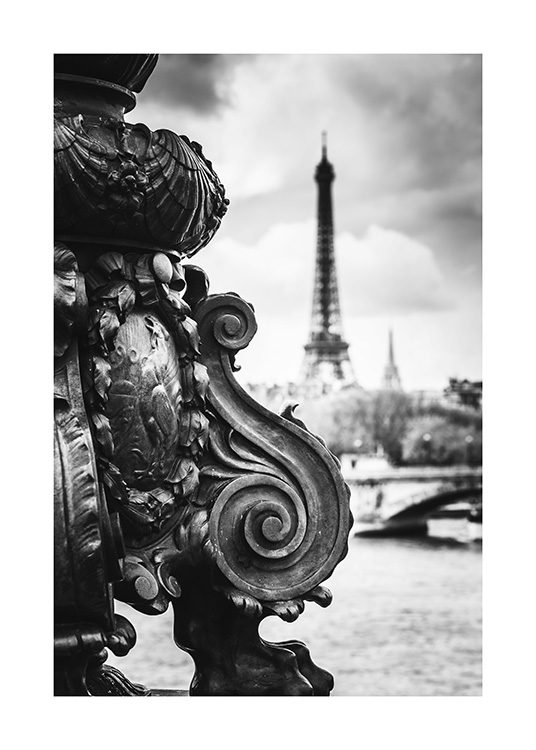  - Photograph of bridge details in front of the Eiffel Tower in black and white