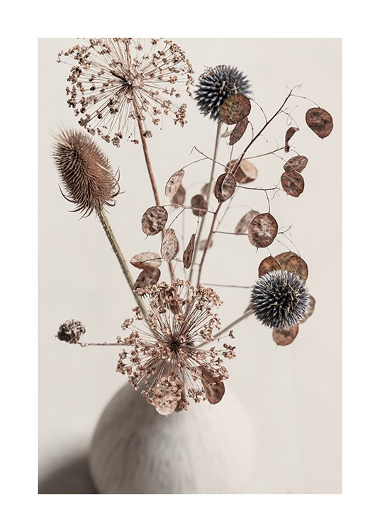  - Botanical print with photograph of a bouquet of brown dried flowers in a beige vase