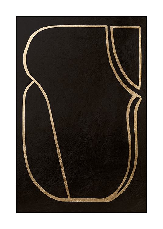  - Abstract print with dark background and gold coloured lines in abstract shapes around the design