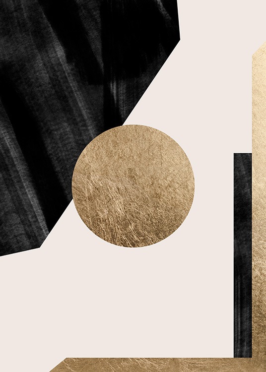  - Art print with beige, black and gold abstract shapes, with a gold coloured circle in the middle