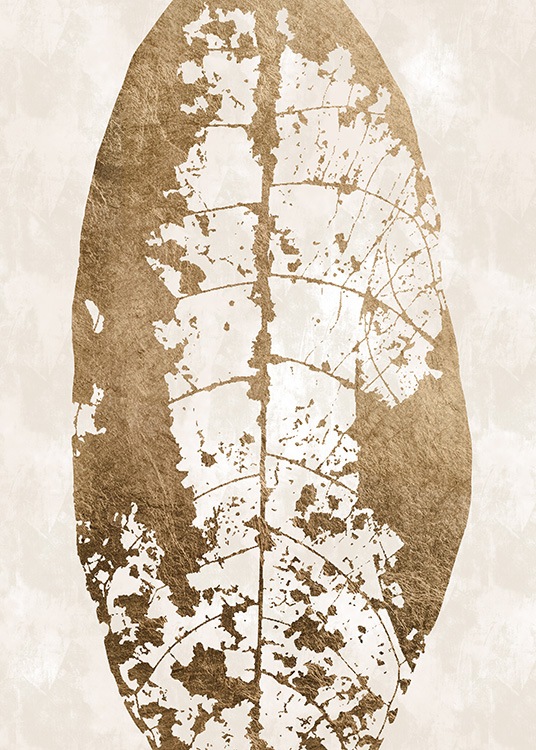  - Abstract art print of a gold coloured leaf with a skeleton structure, on a beige background