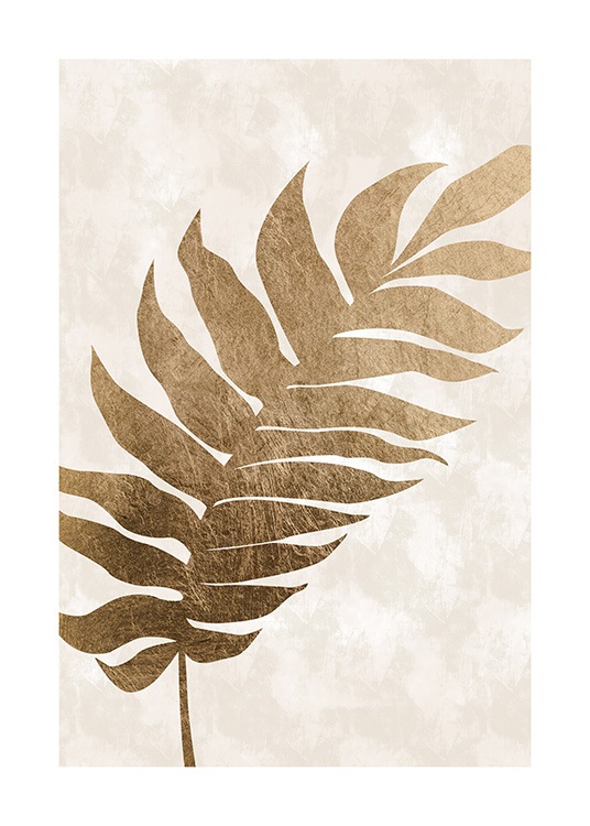  - Art print with a bold, gold coloured tropical style leaf on a beige background with colour structure
