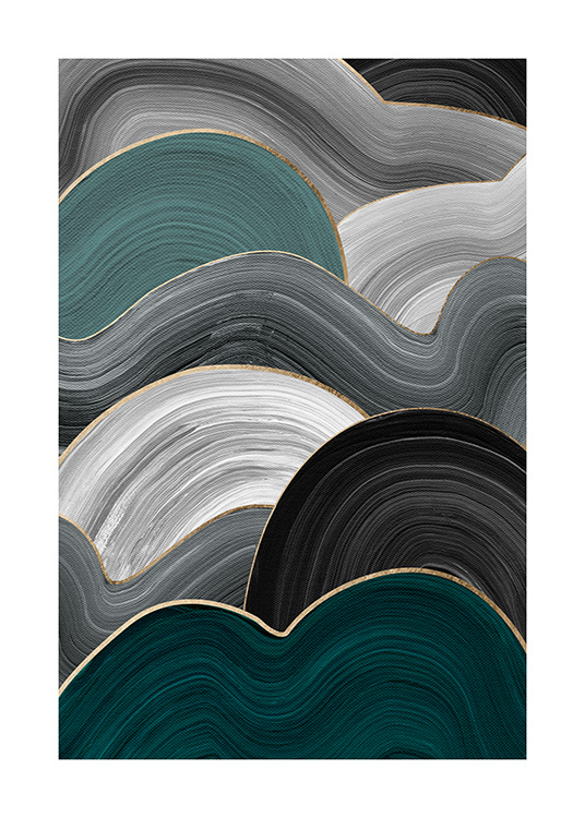  - Waves painted with a wide brush in white, grey and blue, with gold coloured lines