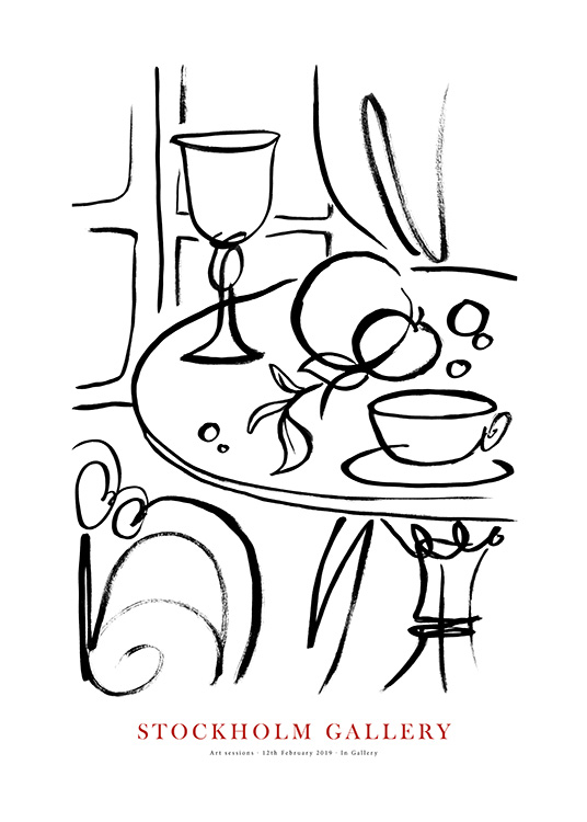  - Illustration with handpainted design of a café table in front of a window with glasses, fruit and a cup