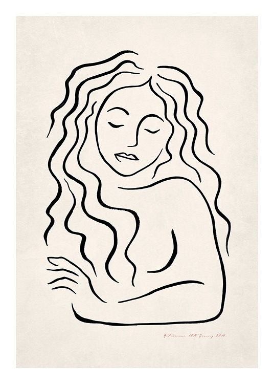  - Illustrated design of handpainted woman with long curly hair, drawn in black on a beige background