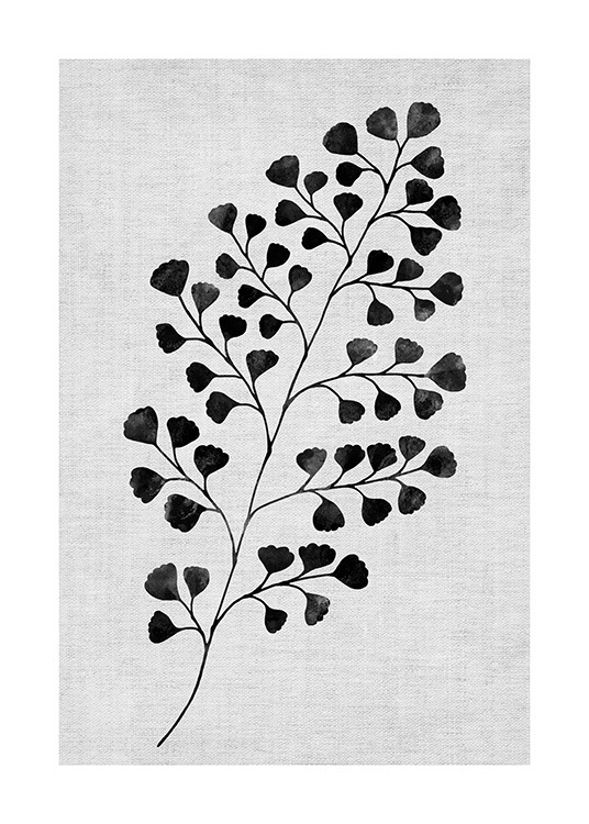 - Illustrated fern branch in black on a light grey background with a linen structure
