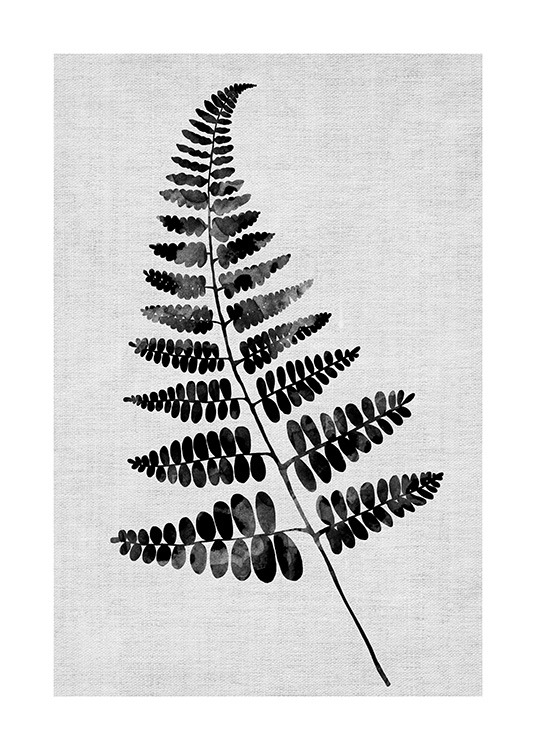  - Illustration of a fern branch in black on a grey background with a look of linen structure