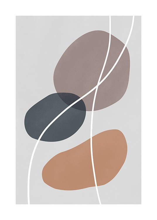  - Graphical illustration in earthy tones, with blue, beige and brown circles and white lines on a grey background
