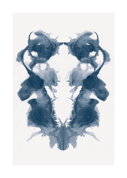  - Painting in watercolour of a blue Rorschard symbol with a light beige background