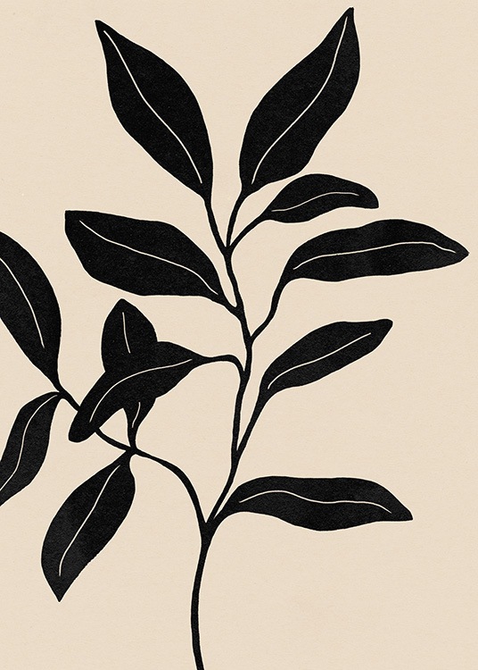  - Black and beige painting of branch with leaves in black on a beige background