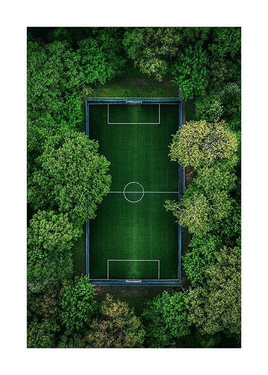  - Photograph from above of thick green trees that surrounds a green football pitch