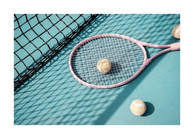  - Photograph of a turquoise tennis court with a pink tennis racket and two tennis balls